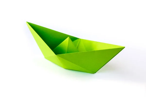 Grönbok Båt Origami Isolerad Tom Vit Bakgrund — Stockfoto