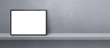 Gri duvar rafında dijital tablet var. Yatay arkaplan pankartı. 3B Görüntü