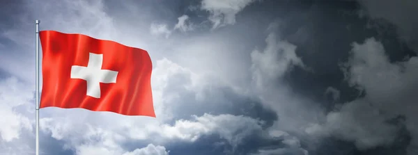 Svájc Zászló Felhős Égen Háromdimenziós Renderelés — Stock Fotó