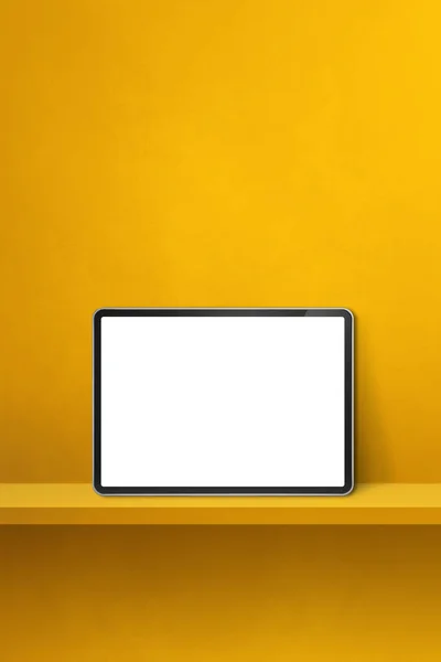 Digital tablet pc on yellow wall shelf. Vertical background banner. 3D Illustration