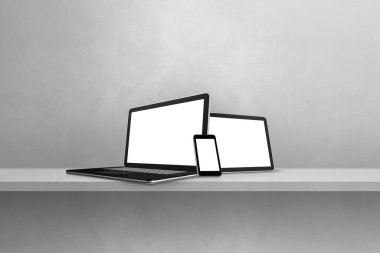 Gri duvar rafında dizüstü bilgisayar, cep telefonu ve dijital tablet bilgisayar var. Yatay arkaplan. 3B Görüntü