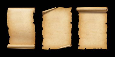 Eski parşömen kağıdı siyah üzerine izole edilmiş. Dikey pankartlar ayarlandı