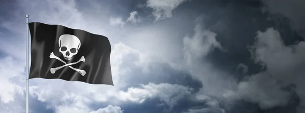 Σημαία Πειρατών Jolly Roger Συννεφιασμένο Ουρανό Τρισδιάστατο Καθιστούν — Φωτογραφία Αρχείου