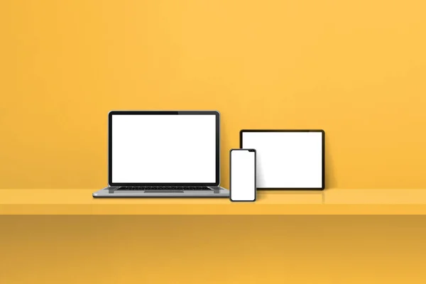 笔记本电脑 手机和数码平板电脑放在黄色的壁架上 横向背景 3D说明 — 图库照片
