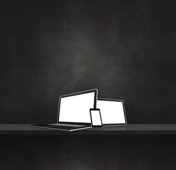 Laptop, mobile phone and digital tablet pc on black wall shelf. Square background. 3D Illustration