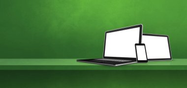 Yeşil rafta dizüstü bilgisayar, cep telefonu ve dijital tablet var. Afiş arka planı. 3B Görüntü