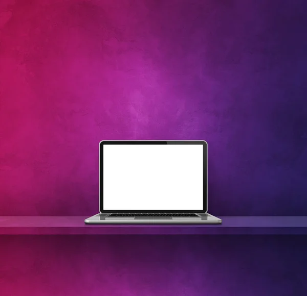紫色架子上的笔记本电脑 正方形背景 3D说明 — 图库照片