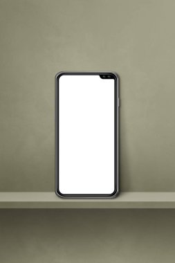 Yeşil duvar rafında cep telefonu var. Dikey arkaplan. 3B Görüntü