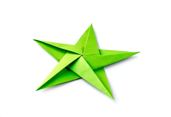 Groen Papier Ster Origami Geïsoleerd Een Witte Achtergrond — Stockfoto