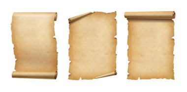 Eski parşömen kağıdı beyaza izole edilmiş. Dikey pankartlar ayarlandı