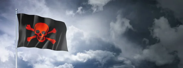 Piratenfahne Jolly Roger Auf Wolkenverhangenem Himmel Dreidimensionale Darstellung — Stockfoto