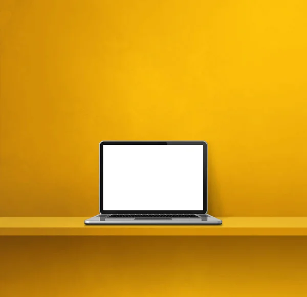 Laptop computer on yellow shelf. Square background. 3D Illustration