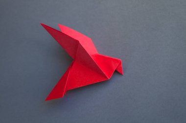 Kırmızı kağıt güvercin origamisi boş gri bir arkaplanda izole edildi.
