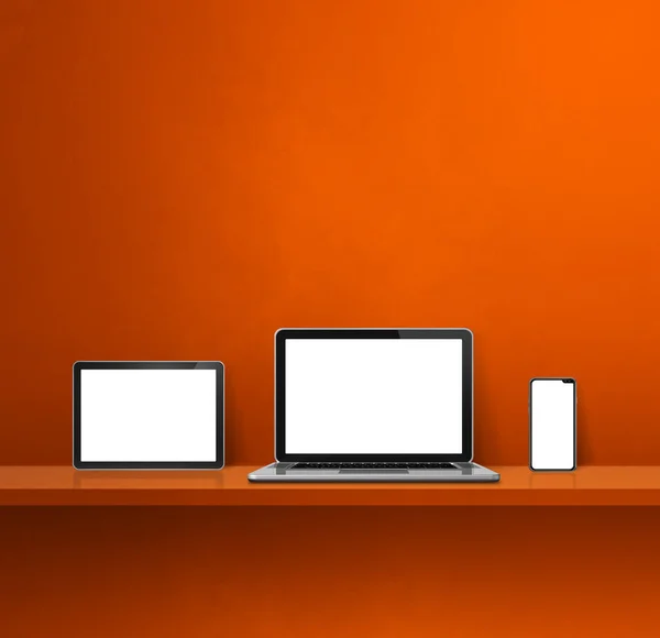 Laptop, mobile phone and digital tablet pc on orange wall shelf. Square background. 3D Illustration