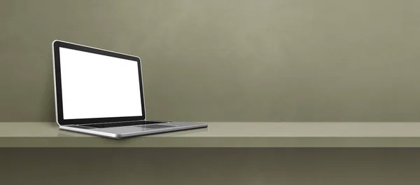 Laptop computer on green shelf background banner. 3D Illustration