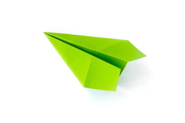 Grünes Papier Flugzeug Origami Isoliert Auf Einem Weißen Hintergrund — Stockfoto