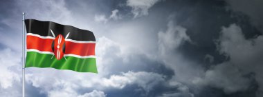 Bulutlu bir gökyüzünde Kenya bayrağı, üç boyutlu görüntüleme