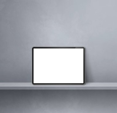 Gri duvar rafında dijital tablet var. Kare arka plan afişi. 3B Görüntü