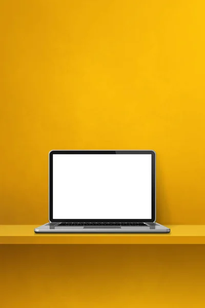 Laptop computer on yellow shelf. Vertical background. 3D Illustration
