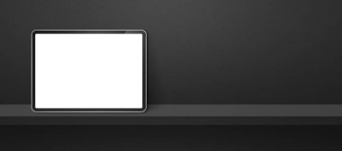 Siyah duvar rafında dijital tablet var. Yatay arkaplan pankartı. 3B Görüntü