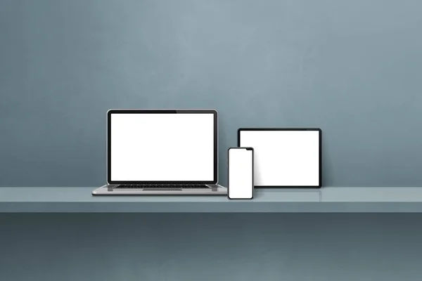 グレーの壁の棚にノートパソコン 携帯電話 デジタルタブレットPc 水平の背景 3Dイラスト — ストック写真