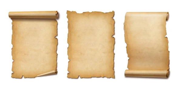 Oude Perkament Papier Scroll Geïsoleerd Wit Met Schaduw Verticale Spandoeken — Stockfoto