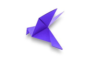 Mor kağıt güvercin origamisi boş beyaz bir arkaplanda izole edildi.
