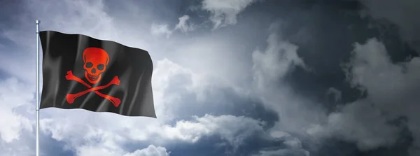 Piratenfahne Jolly Roger Auf Wolkenverhangenem Himmel Dreidimensionale Darstellung — Stockfoto