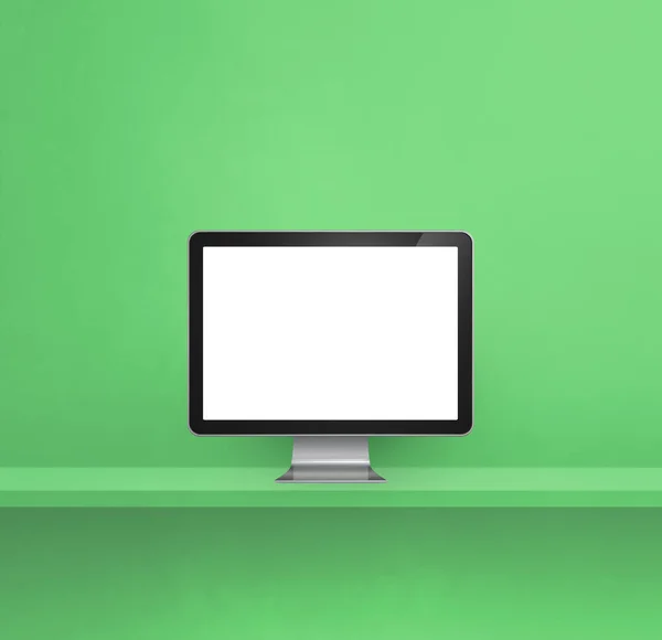 Computer pc - green wall shelf background. 3D Illustration