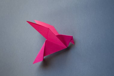 Pembe kağıt güvercin origamisi gri bir arkaplanda izole edilmiş..