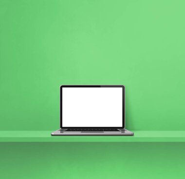 Laptop bilgisayarı yeşil rafta. Kare arka plan. 3B Görüntü