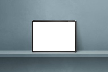 Gri duvar rafında dijital tablet var. Yatay arkaplan pankartı. 3B Görüntü