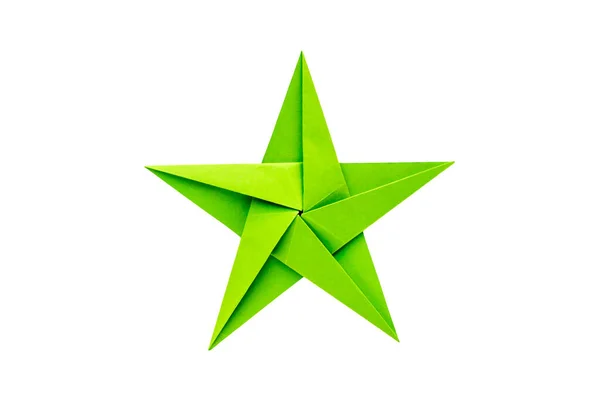 Grüner Papierstern Origami Isoliert Auf Weißem Hintergrund — Stockfoto