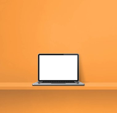 Laptop bilgisayarı turuncu rafta. Kare arka plan. 3B Görüntü