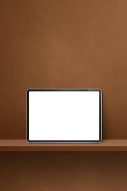Kahverengi duvar rafında dijital tablet var. Dikey arkaplan pankartı. 3B Görüntü