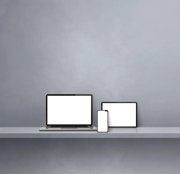 グレーの壁の棚にノートパソコン 携帯電話 デジタルタブレットPc 正方形の背景 3Dイラスト — ストック写真