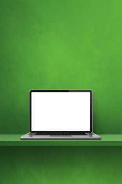 Laptop bilgisayarı yeşil rafta. Dikey arkaplan. 3B Görüntü