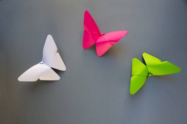Yeşil, pembe ve beyaz kağıt kelebek origamisi boş gri bir arkaplanda izole edilmiştir..