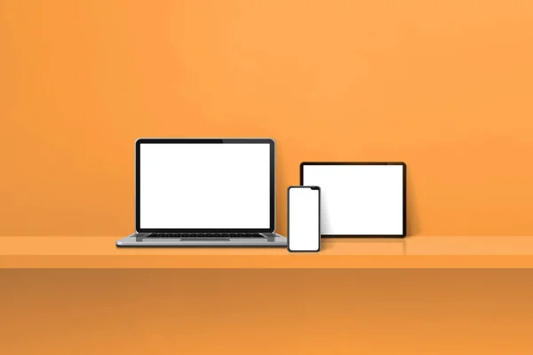 笔记本电脑 手机和数码平板电脑放在橙色的壁架上 横向背景 3D说明 — 图库照片