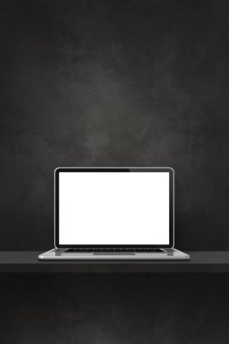 Laptop bilgisayarı siyah rafta. Dikey arkaplan. 3B Görüntü