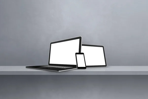 Laptop Mobiele Telefoon Digitale Tablet Grijze Wandplank Horizontale Achtergrond Illustratie — Stockfoto