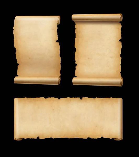 Old Parchment paper scroll isolated on black. Horizontal and vertical banners set