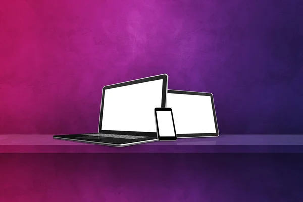 Laptop Mobiele Telefoon Digitale Tablet Paarse Wandplank Horizontale Achtergrond Illustratie — Stockfoto