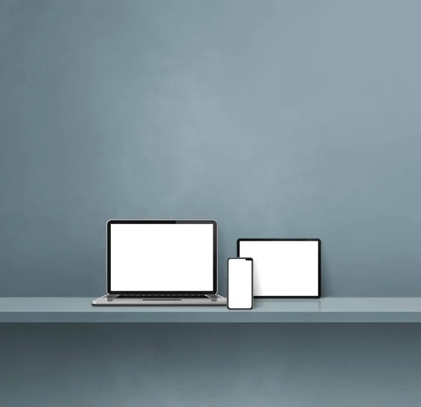 Laptop, mobile phone and digital tablet pc on grey wall shelf. Square background. 3D Illustration