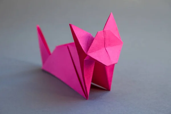 Pink Paper Cat Origami Isolated Blank Grey Background — ストック写真