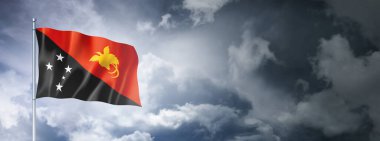 Papua New Guinea flag on a cloudy sky, three dimensional render