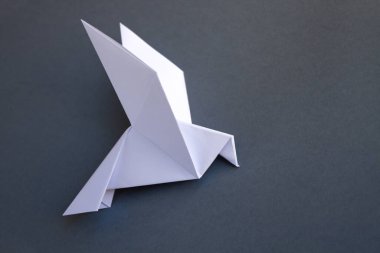 White paper dove origami isolated on a blank grey background.