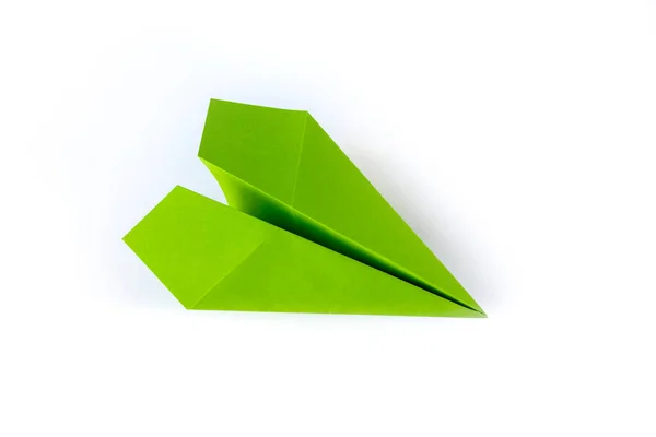 Zelený Papír Letadlo Origami Izolované Bílém Pozadí — Stock fotografie