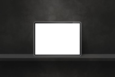 Siyah duvar rafında dijital tablet var. Yatay arkaplan pankartı. 3B Görüntü