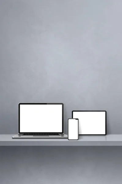 Laptop Mobile Phone Digital Tablet Grey Wall Shelf Vertical Background — Stock Photo, Image